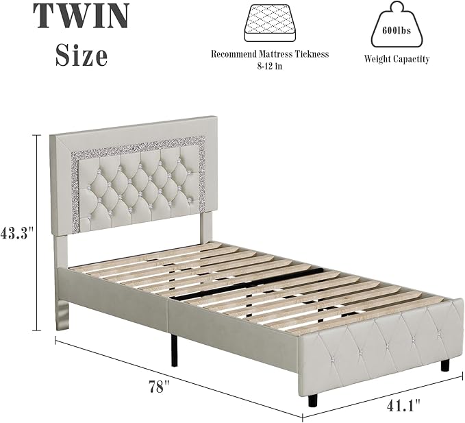 BarnFurin Twin Bed Frame with Diamond Tufted Headboard, Faux Leather Upholstered Bed with Wooden Slats Support, No Box Spring Needed, Mattress Foundation, Easy Assembly, Cream