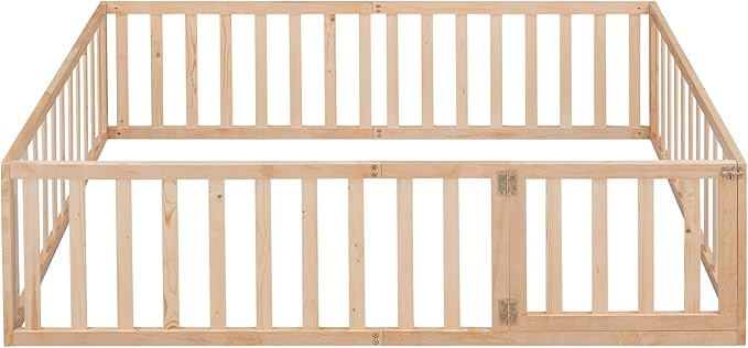 Merax Full Floor Bed with Safety Guardrails and Door, Wood Montessori Floor Bed Frame for Kids, Full Playhouse Bed Frame for Baby Girls and Boys, Natural
