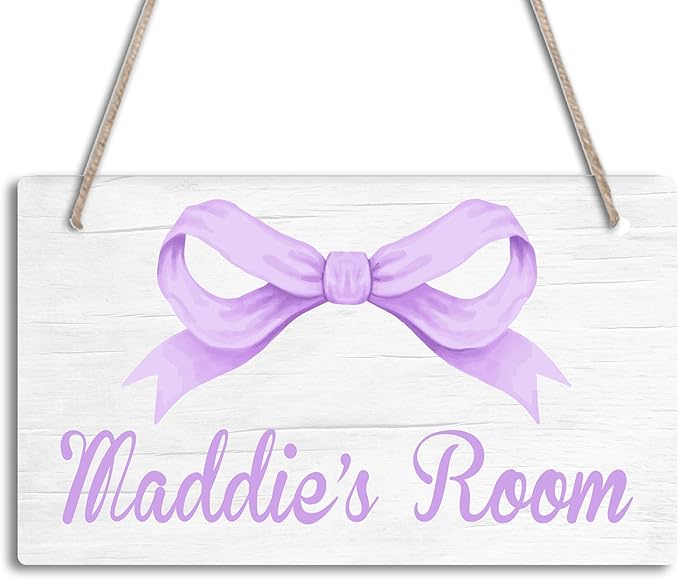 Personalized Purple Bow Kids Room Door Sign Custom Name Girls Boys Bedroom Decor Toddler Baby Nursery Wood Art Wall Plaque 12x6 Inches