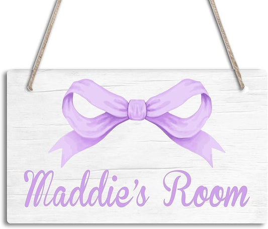 Personalized Purple Bow Kids Room Door Sign Custom Name Girls Boys Bedroom Decor Toddler Baby Nursery Wood Art Wall Plaque 12x6 Inches
