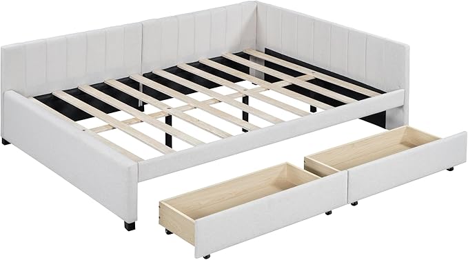 Harper & Bright Designs Full Size Upholstered Daybed with 2 Storage Drawers Sofa Bed Frame for Boys Girls Kids Adults Toddler No Box Spring Needed, Linen Fabric (Beige)