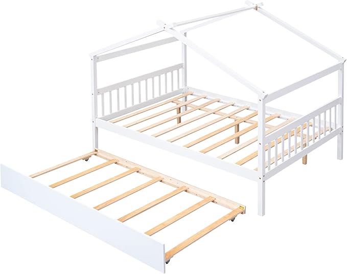 Merax Full Size Wooden House Bed with Trundle, Wood Bed Frame with Roof for Kids, Teens, Boys or Girls, White