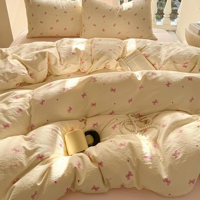 Bow Duvet Cover Queen Size Pink Bowknot Duvet Cover Set with Heart Printed 3 Pcs Kids Boys Girls Princess Style Cute Bows Reversible Bedding Set with Zipper Closure