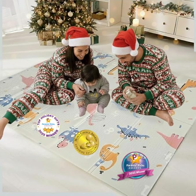 Bammax X-Large 78" x 70" x 0.4" XPE Foam Baby Play Mat + Travel Bag | Waterproof, Foldable & Reversible Floor Mat for Kids | Baby Crawling Mat & Kids Play Mat – Dinosaurs & Safari Animals
