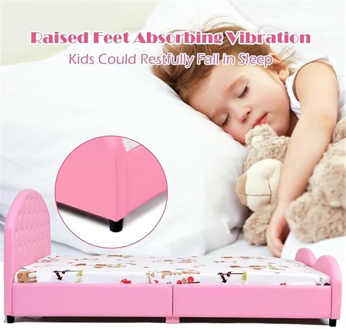 Pemberly Row Plywood PU Upholstered Platform Kids Princess Toddler Bed in Pink