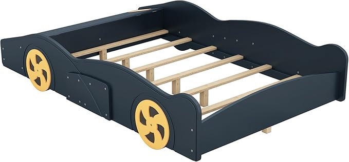 Full Size Race Car-Shaped Platform Bed Bedframe with Wheels and Storage, 90.6" L x 55.3" W x 15.7" H Dark Blue+Yellow
