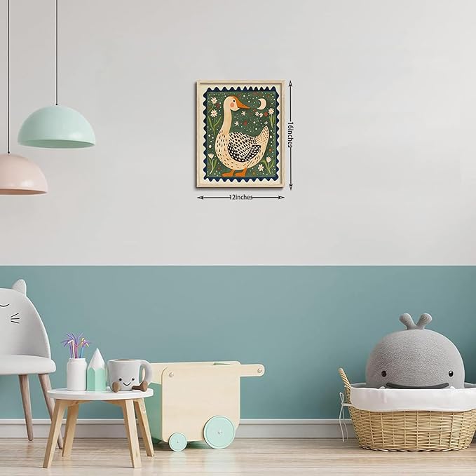 KISSFOX Framed Wall Art Nursery Wall Decor Yellow Duck Pictures Kids Cute Animal Canvas Art Boho Floral Paintings Artwork For Children Boys Girls Room