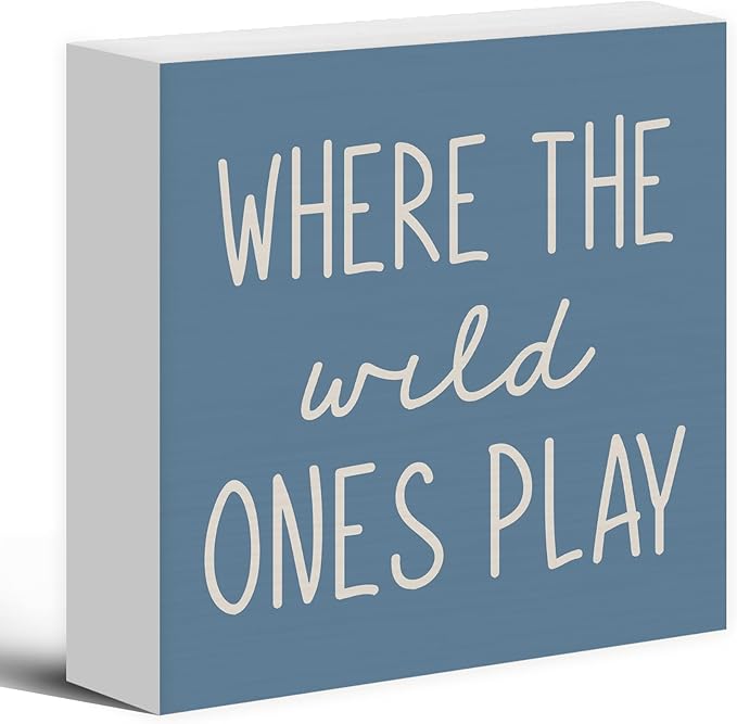 Where The Wild Ones Play Blue Wood Box Sign Desk Decor 5X5, Nursery Kids Room Wooden Block Sign Decorations for Playroom Toddler Boys Girls Room Wall Tabletop Shelf Decor