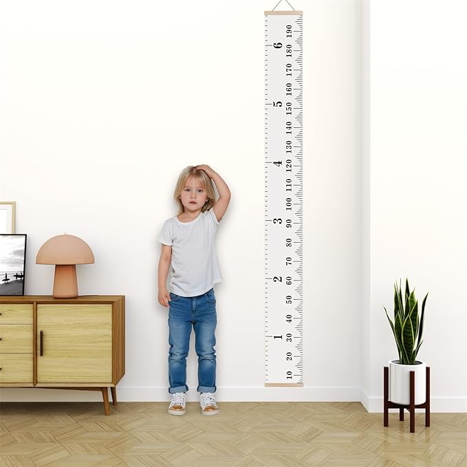Growth Chart for Wall with Clear Adhesive Hook, Waterproof Canvas Adult Growing Kids Baby Height Measuring Hanging Ruler, 6.56 Feet for Nursery, Child Room Decor (Wood Frame, 78.7"x7.9" Simple)