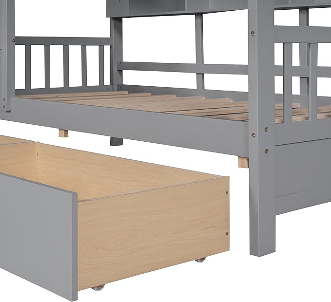 Modern Twin Size House Bed with Roof and Window, Wooden Daybed Frame with Shelves and 2 Drawers,Bedroom Furniture for Girls & Boys (Gray+2 Drawers/)