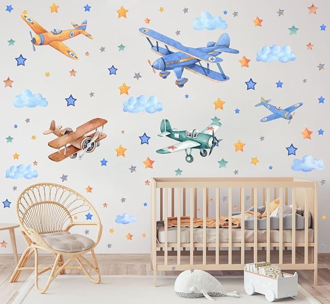 Watercolor Airplane Wall Decals, Classic Aircraft with Stars Clouds Vinyl Wall Stickers,Removable Vintage Airplane Artwork for Kids Boys Bedroom Kindergarten Playroom Decor
