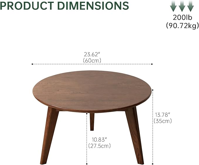 100% Solid Oak Wood Mini Coffee Table, Round Cofffe Tables Side Table w/Solid Wood Legs, Walnut Mid Century Table for Bedroom Balcony Living Room (23.62" D x 13.78" H)