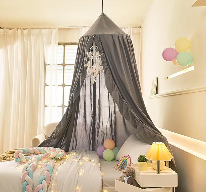 Mengersi Bed Canopy for Girls,Ruffled Canopy Bed Curtains Canopy for Girls Room,Hanging Canopy Princess Play Tent for Reading Nook Play Room Decor (Gray)
