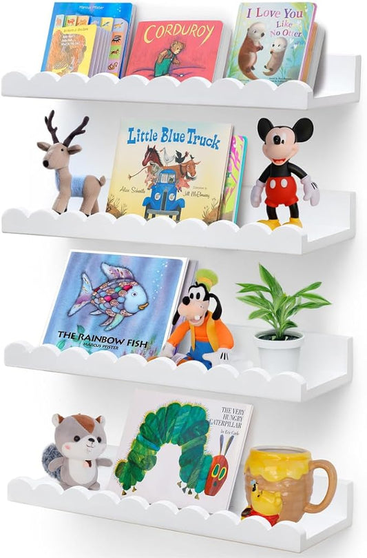 Scalloped Shelves - Set of 4 Pre-Assembled 15.6inch White Floating Nursery Book Shelves, Scalloped Book Shelf - Kids Wall Decor, Nursery Decor, Floating Shelves for Wall