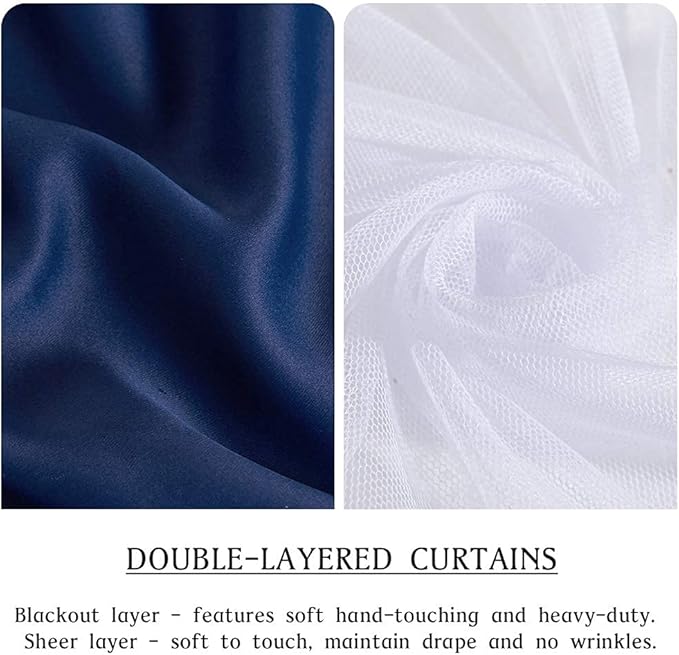 PONY DANCE Blackout Curtains Navy Blue Double Layered Room Divider Large Curtains with Sheer Overlay Thermal Insulated Bedroom Living Room Drapes Mix and Match with Tiebacks(Set of 2, 70 x 84 inch)