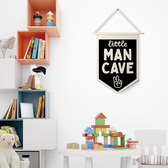 Qpenm Little Man Cave Wall Hanging Canvas Banner, Boys Room Decor, Modern Black and White Peace Sign Nursery Hanging Pennant Flag Posters Prints for Toddler Baby Little Boy Kids Room Playroom Decor