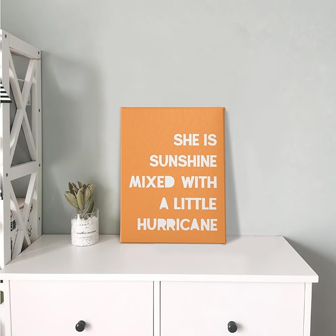 PHAMTE Girls Bedroom Wall Decor,She is Sunshine Mixed with a Little Hurricane Girls Room Wall Art,Sunshine Print Framed Canvas Painting Artwork for Room Bedroom Home Nursery Playroom（11x14 Inch）（Orange）
