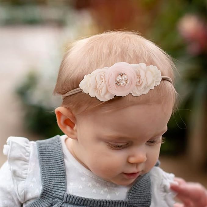 Baby Girl Floral Headband Nylon Flower Crown Elastic Hairband 3pcs Hair Accessories Gift for Girls, YM7, stretchy size