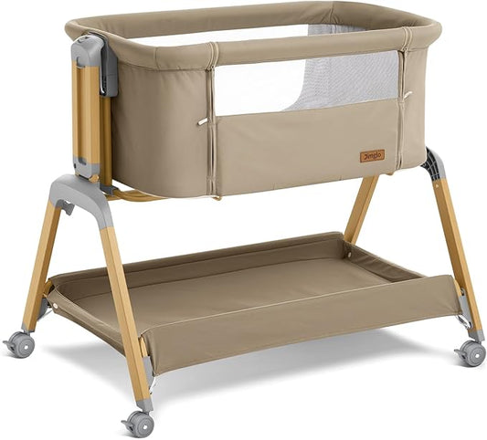 3 in 1 Baby Bassinet, Rocking Bassinets with Comfy Mattress and Wheels, Adjustable Height Bassinet Bedside Sleeper, Easy Folding Portable Crib for Newborn (Khaki)