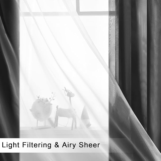 Hiasan Black Blackout Curtains with Sheer Overlay, Grommet Thermal Insulated Mix & Match Double Layer Window Curtains for Bedroom, Living Room, 2 Drape Panels Sewn with Tiebacks, 70W X 84L