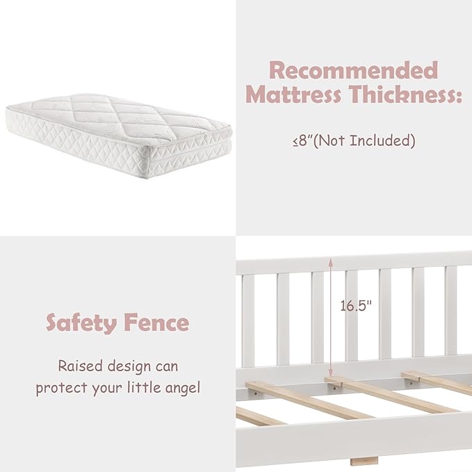 Giantex Twin House Bed with Drawers, Wooden Twin Bed Frame with Cube Storage & Fence Rails, Montessori Beds for Kids Boys, Girls, Bedroom, Living Room, No Box Spring Needed, White
