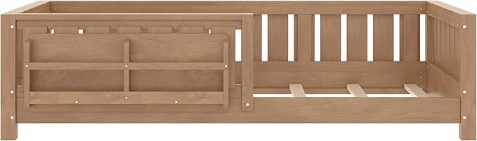 Bellemave Twin Size Floor Bed with high Rails and with Built-in Bookshelf for Kids, Girls, Boys, Wood Montessori Floor Bed Without Door, Natural