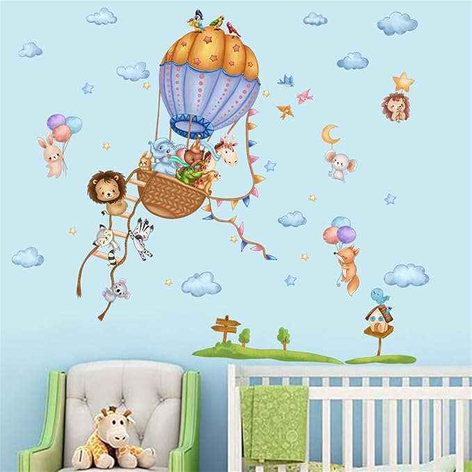 Cute Animals Hot Air Balloons Wall Decals Clouds Stars Stickers Peel and Stick Kids Room décor Girls Bedroom Nursery Classroom Playroom Decorations