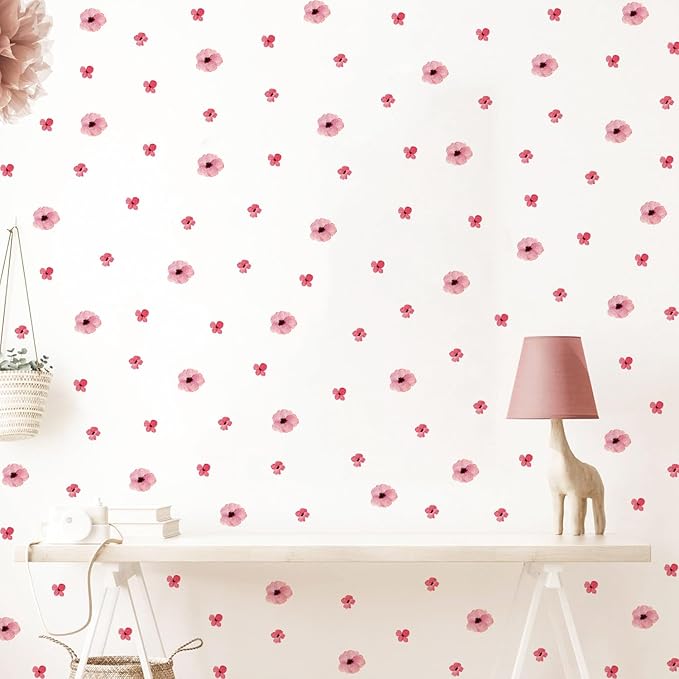 208Pcs Boho Flower Wall Stickers, Peel and Stick Pink Floral Wall Decals, Removable Neutral Watercolor Wildflower Blossom Window Clings for Girls Bedroom Living Room Offices Home Decoration