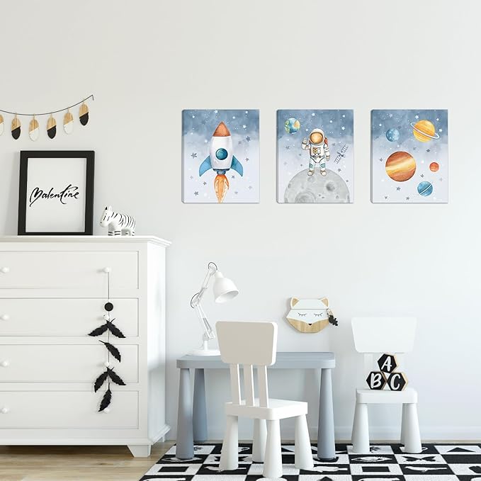 KAlRNE Outer Space Nursery Canvas,Astronaut Wall Art,Planet Wall Decor,Rocket Art Prints,Set of 3(12X16 Inch,Framed) Explore Dream Galaxy Painting for Boys Space Nursery Bedroom Playroom Decor