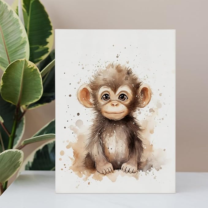 Woodland Nursery Decor, Baby Room Decor, Monkey Boy Decorations For Safari Nursery Kids Toddler Boy Girl Room Playroom, Animal Wall Art Prints Poster 11x14 Inches Framed