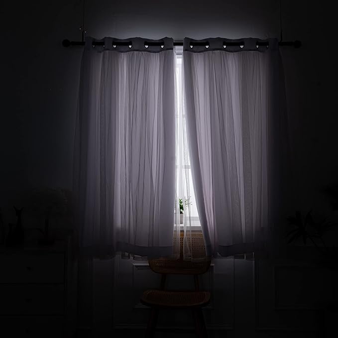 INLINAS Greyish White Blackout Curtains with Sheer Overlay - Grommet Top Thermal and Noise Reduction Panels for Bedroom and Living Room Light Blocking and Energy Saving, 52 x 84 Inches, Set of 2