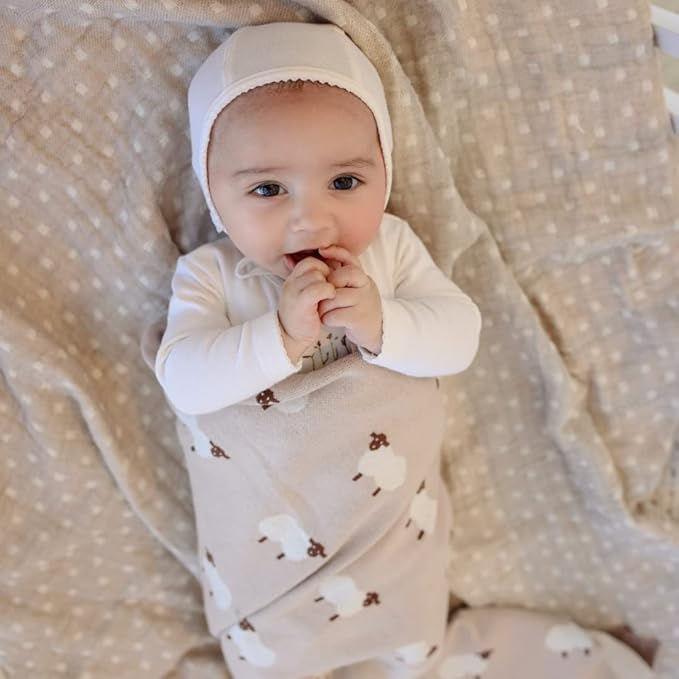 Knit Baby Swaddle Blanket for Boys - 100% Cotton Soft Cozy Lightweight Receiving Swaddling Stroller Quilt Blanket for Newborns Infants Toddlers (Sheep - Baby Blue)