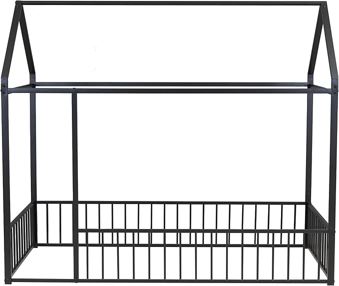Bellemave Twin Size Montessori Floor Bed, Metal House Bed Framefor Kids, Montessori Floor Beds with Fence, Playhouse for Kids,Black