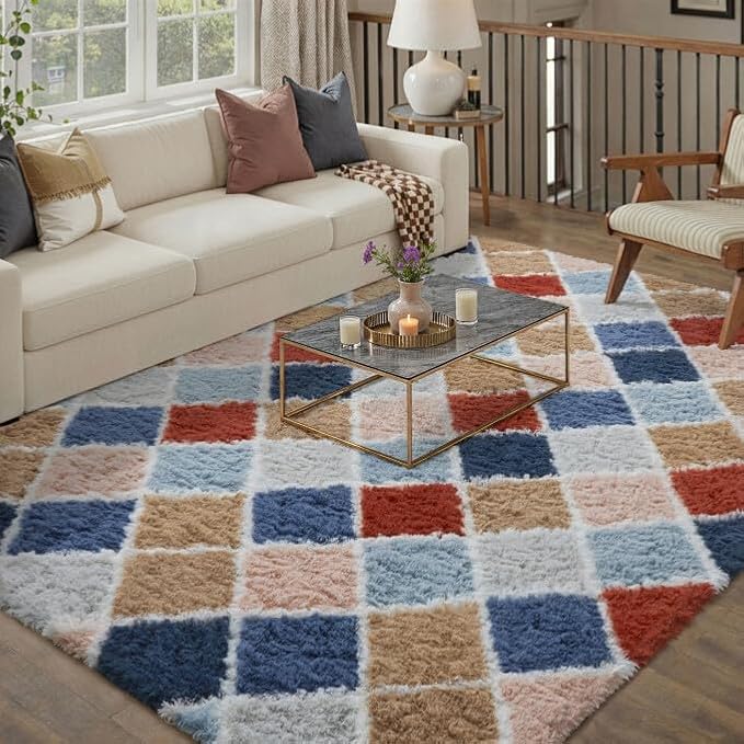 6x9 Checkered Rug for Living Room Rainbow Modern Soft Area Rug Fluffy Non-Slip Carpet for Bedroom Playroom Home Aesthetic Decor