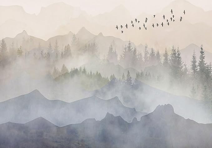 Foggy Forest Wallpaper Mural Bird Mountain Woodland Wall Murals for Bedroom Living Room (Not self-Adhesive)