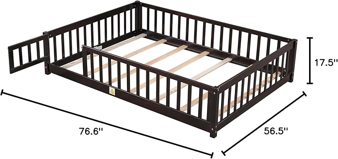 Full Montessori Floor Bed with Roof & Slats for Girls & Boys,Twin Size Floor Bed w/Safety Guardrails for Girls,Boys/Espresso