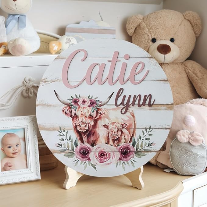 Personalized Baby Name Signs for Nursery, Highland Cow Sign for Baby Door Decor, Newborn Gifts for Girl, Girls Nursery Wall Bedroom Decorations, Mother's Day Gifts for New Mom Dad Gift