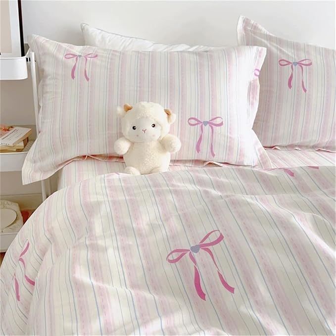 Pink Striped Duvet Cover Queen Size Bow Bedding Set 3 Pieces Kids Boys Girls Princess Style Bowknot Heart Pattern Stripe Reversible Coquette Soft Microfiber Duvet Cover Set with Zipper Closure
