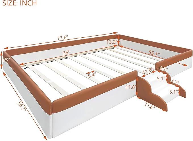 Full Size Upholstered Daybed Frame with Fence and Stairs, Montessori Kids Floor Bed with Sturdy Slat Support for Kids Boys Girls (Brown+Full)