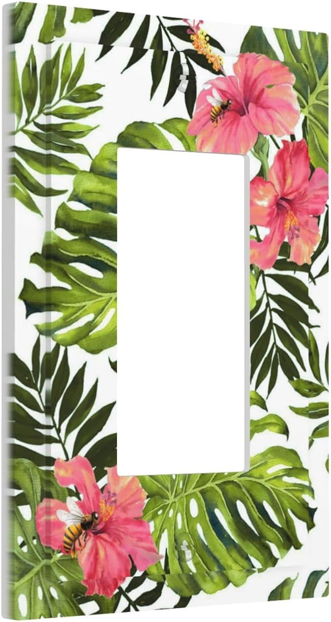 Tropical Plant Green Palm 1 Gang Light Switch Cover Single Rocker/Gfci Device Decorative Wall Plate Standard Size Receptacle Banana Leaves Pink Flower Rainfores Jungle Botanical Outlet Cover Plates