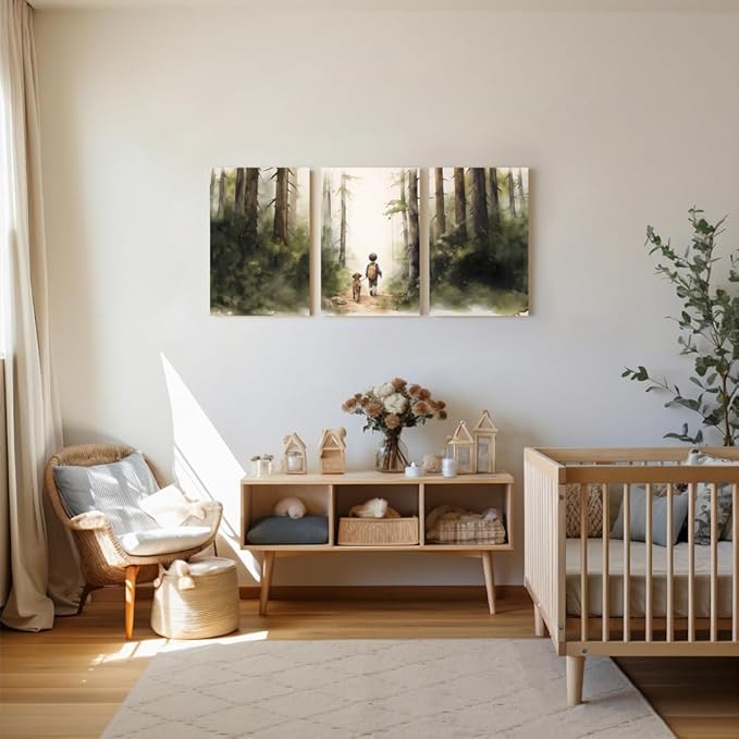 Boy and Dog Nursery Wall Art, Set of 3 Rustic Woodland Nursery Wall Decor, Little Boy and Puppy in the Forest Adventure Kid Wall Art Print, Outdoor Landscape Toddler Room Decor for Boys, Framed 12"x16"x3