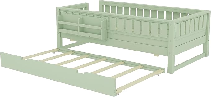 Bellemave Twin Size Kids Bed with high Rails and with Built-in Bookshelf and Trundle for Kids, Girls, Boys, Wood Montessori Bed Without Door, Avocado Green