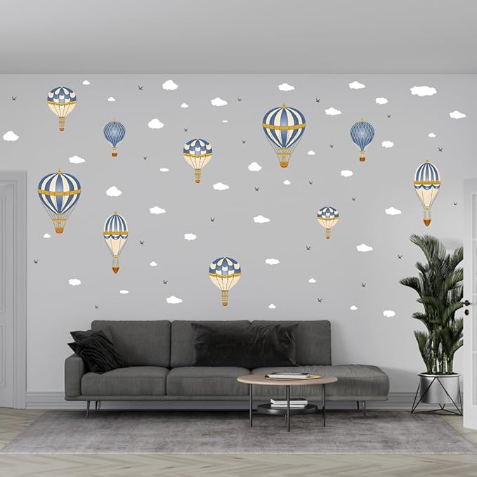 3D Hot Air Balloon Wall Decals Cute Clouds and Seagulls Wall Stickers Kindergarten Baby Room Art Wall Stickers Removable PVC Self-Adhesive Wallpaper Nursery Classroom Playroom Bedroom Wall Art Decor