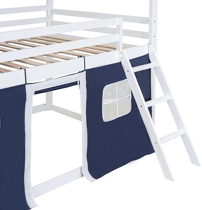 Twin Size House Bunk Bed with Elegant Windows and Sills, Solid Wood Tent Bed Frame with Guardrails for Kids Teens Boys Girls, Versatile Spacious Under Bed Space with Curtains (White+Blue T)
