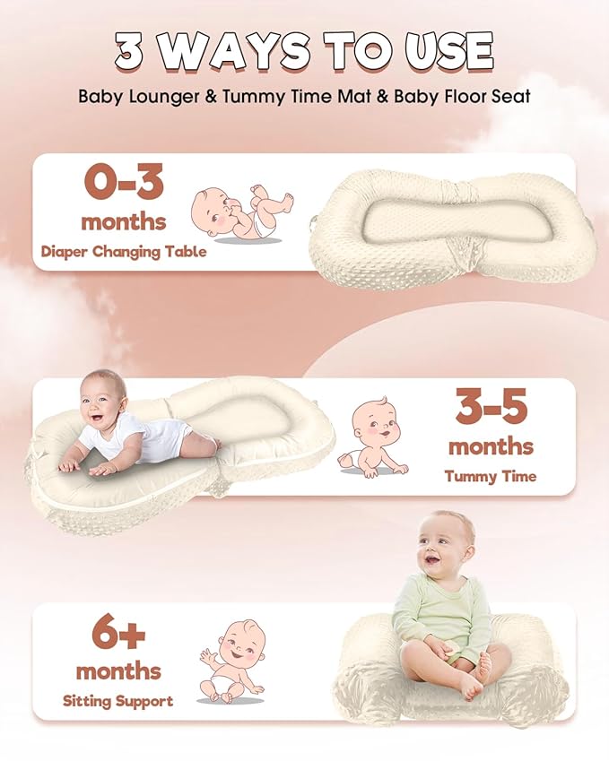Baby Lounger Pillow : 2-in-1 Infant Lounger for Newborn 0-48 Months, Portable Tummy Time Mat for Home and Travel, Breathable & Soft Baby Seat for Baby, Babies Essentials Gifts