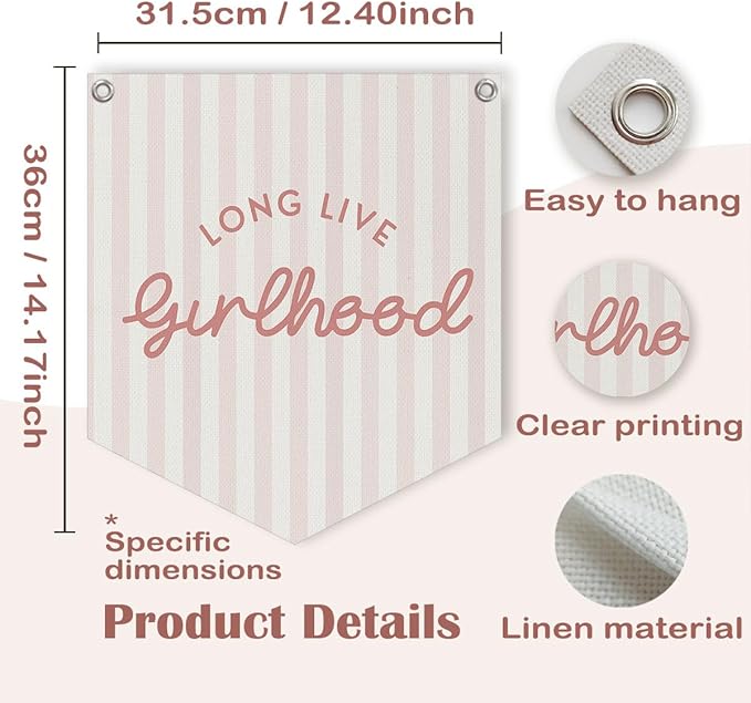 Lacama Girl Room Decor, Long Live Girlhood Linen Banner Hanging Flag Retro Pink Banner for Nursery Playroom Wall Decor for Kids Bedroom Dorm Toddler Decorations Trendy Room Decor 12.4x14 in