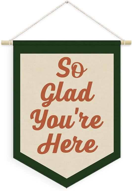 Vintage Welcome Sign for Classroom,Welcome Sign for Front Door, So Glad You're Here Linen Canvas Banner, Teacher Must Haves Wall Hanging Pennant Flag Banner for Classroom Preschool Decor,15x11