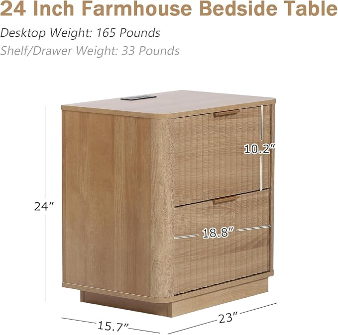 Fluted Nightstand Set of 2, Wood End Table with Charging Station, 23" Modern Night Stands with 2 Drawers, Oak Bedside Table for Bedroom