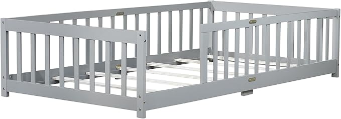 Twin Size Montessori Floor Bed for Kids,Twin Floor Bed Frame with Slats,Solid Wood Twin Bed Frame for Girls Boys,Grey