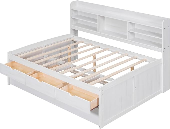 Harper & Bright Designs Full Size Captain Bed with Built-in Bookshelves/3 Storage Drawers/Trundle, Wooden Full Daybed Bed Frame for Kids Teens Dorm Bedroom Multipurpose Guest Room, White Wash